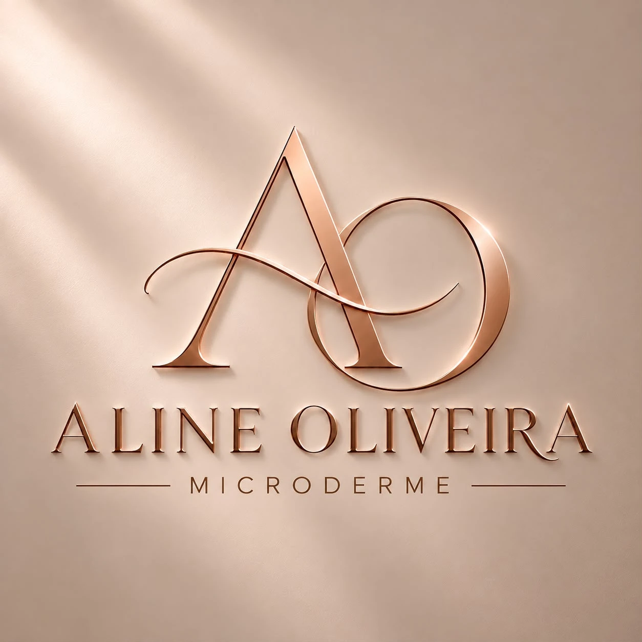 Monograma AO em rose gold sobre fundo nude, com o nome Aline Oliveira Microderme
